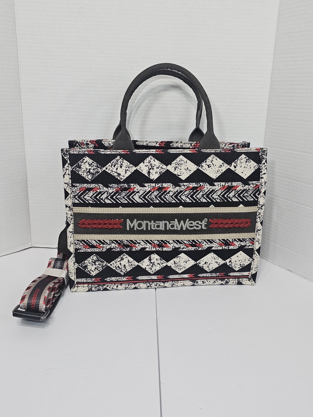 Montana West Black, White & Red Patterned Crossbody Tote Western